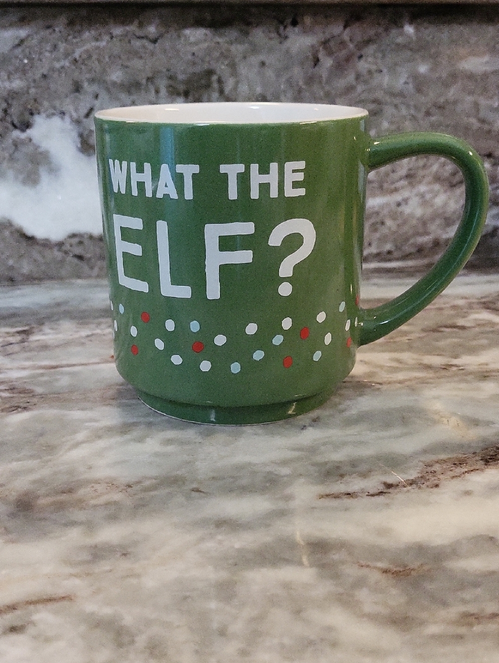 Holiday Green Ceramic Mug with 'What The Elf?' Text